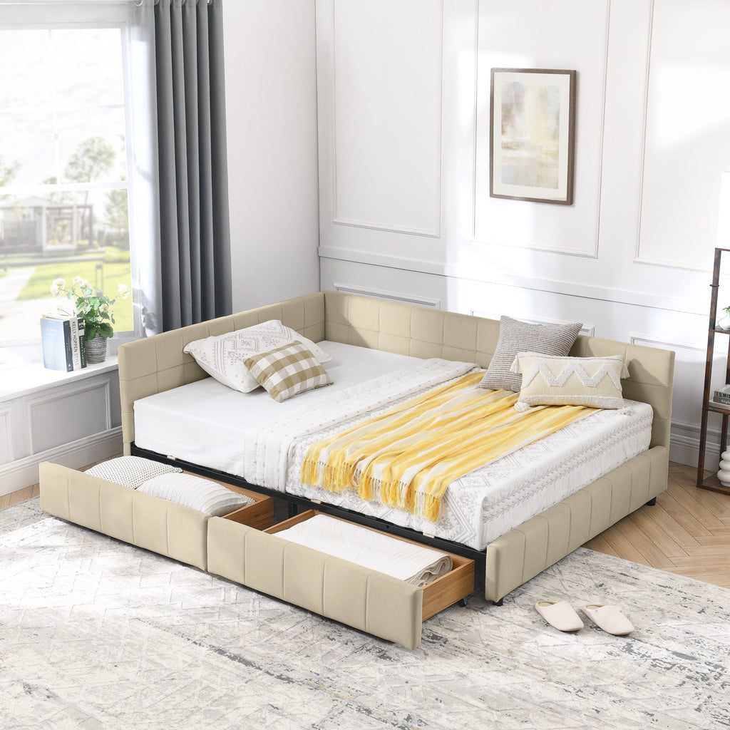 Mid-Century Storage Upholstered Tufted Bed Frame with Backrest and Armrests - Multiple Colors