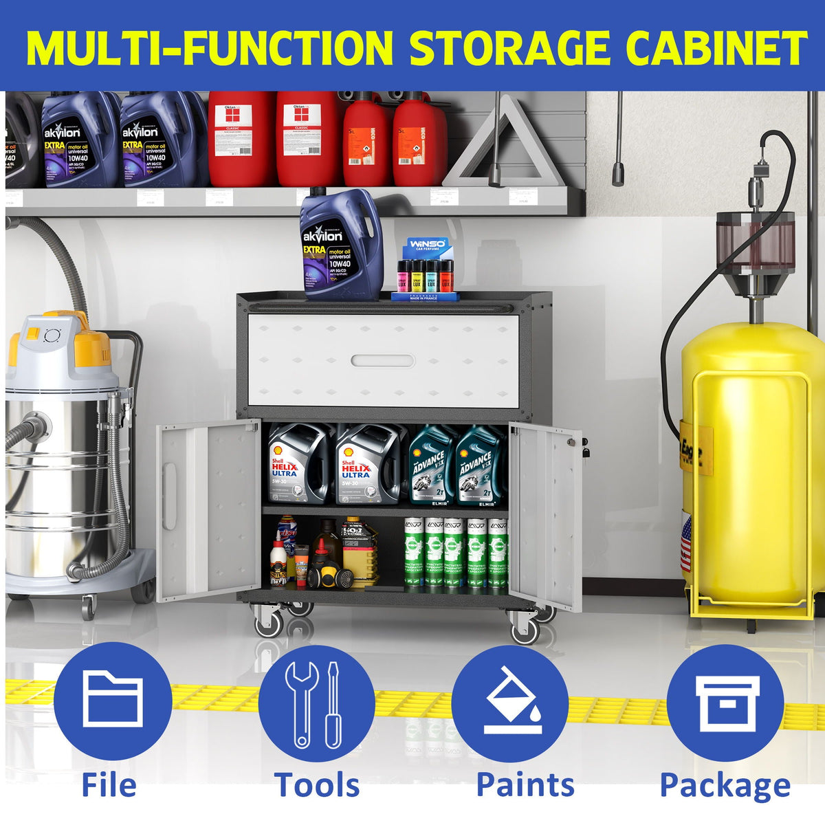 Sturdy Metal Tool Cabinet with Drawer & Locking Doors - Mobile Garage Storage