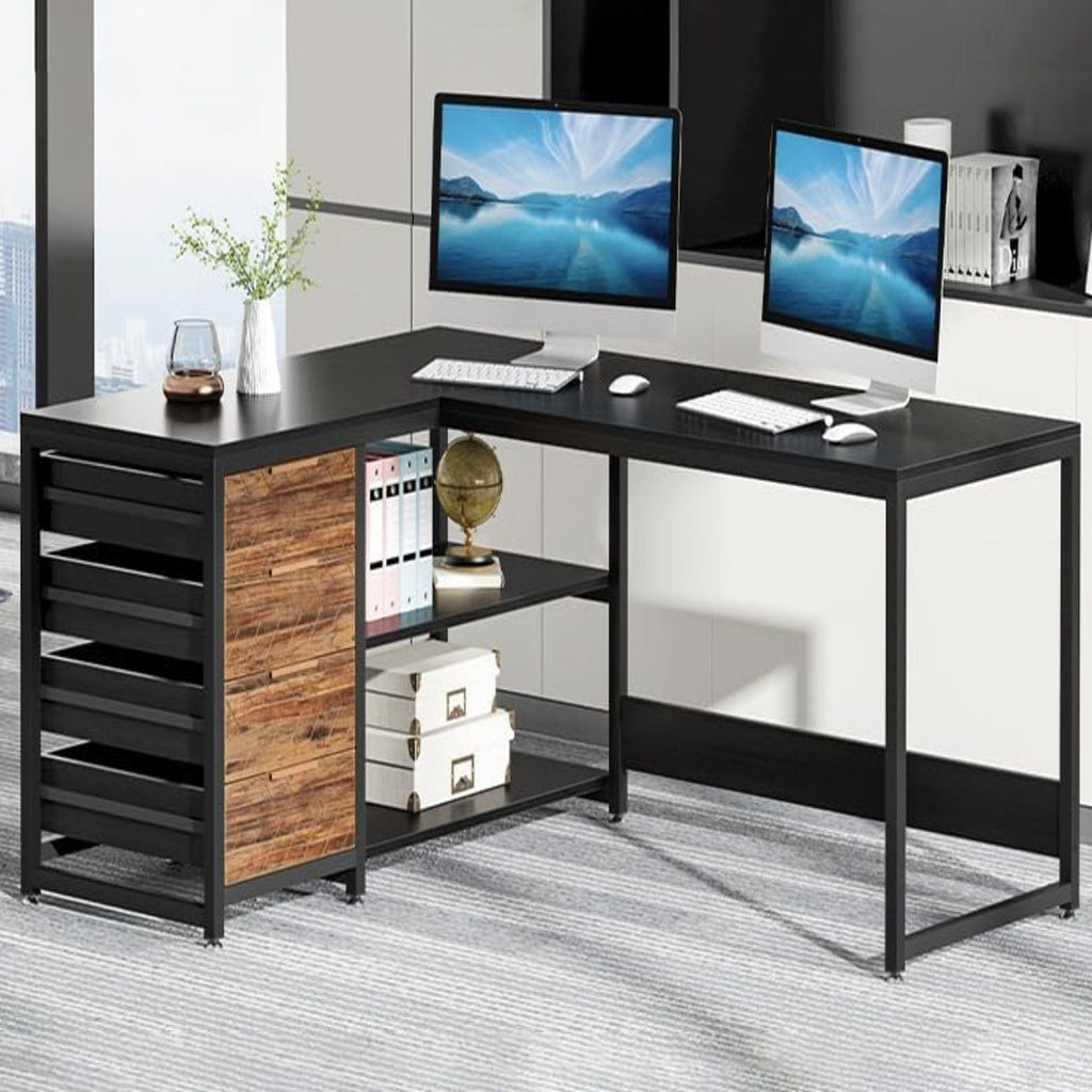 L-Shaped Computer Desk with Drawers and Shelves - Black or Dark Brown