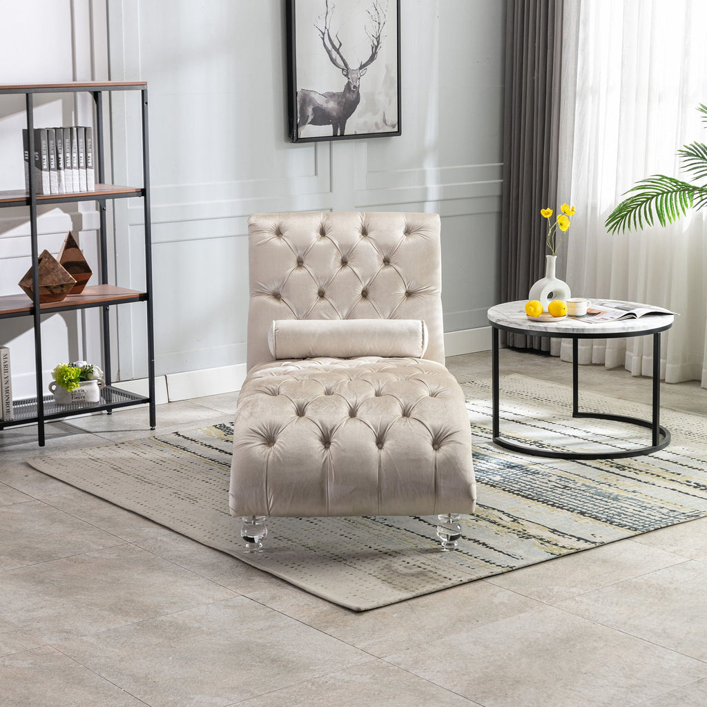 Velvet Button Tufted Chaise Lounge with Pillow - Multiple Colors