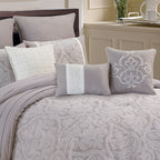 Grey Damask Jacquard 9 Piece Comforter Set with Soft Fill - Grey