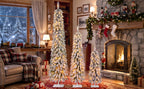 Snow Flocked Pre-Lit Pencil Christmas Tree with Warm LED Lights - White