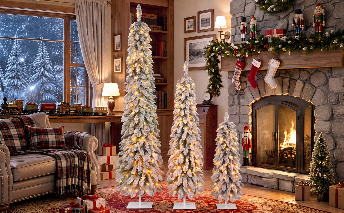 Snow Flocked Pre-Lit Pencil Christmas Tree with Warm LED Lights - White