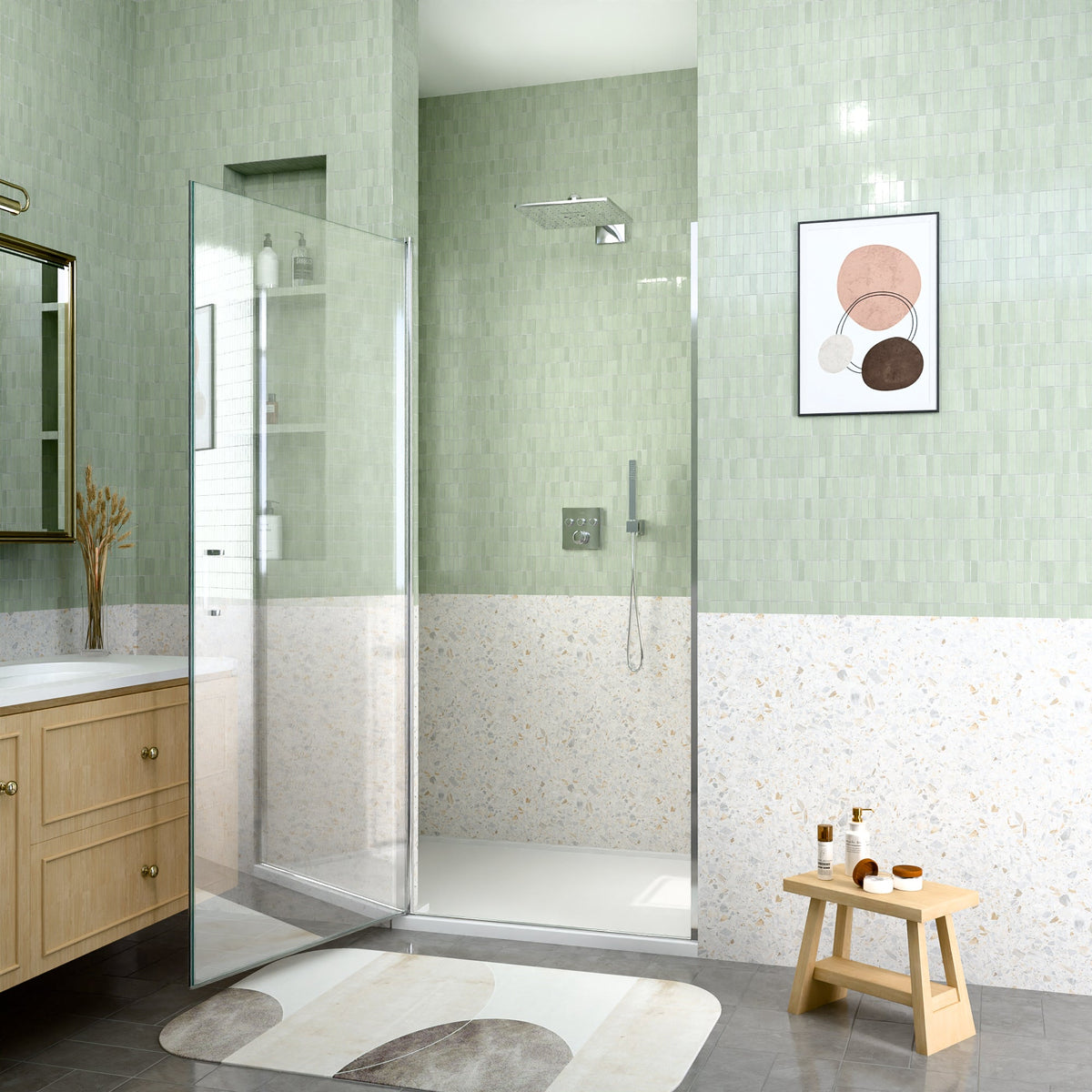 Semi-Frameless Circular Pivot Shower Door with Soft-Close Magnetic Seal - Chrome