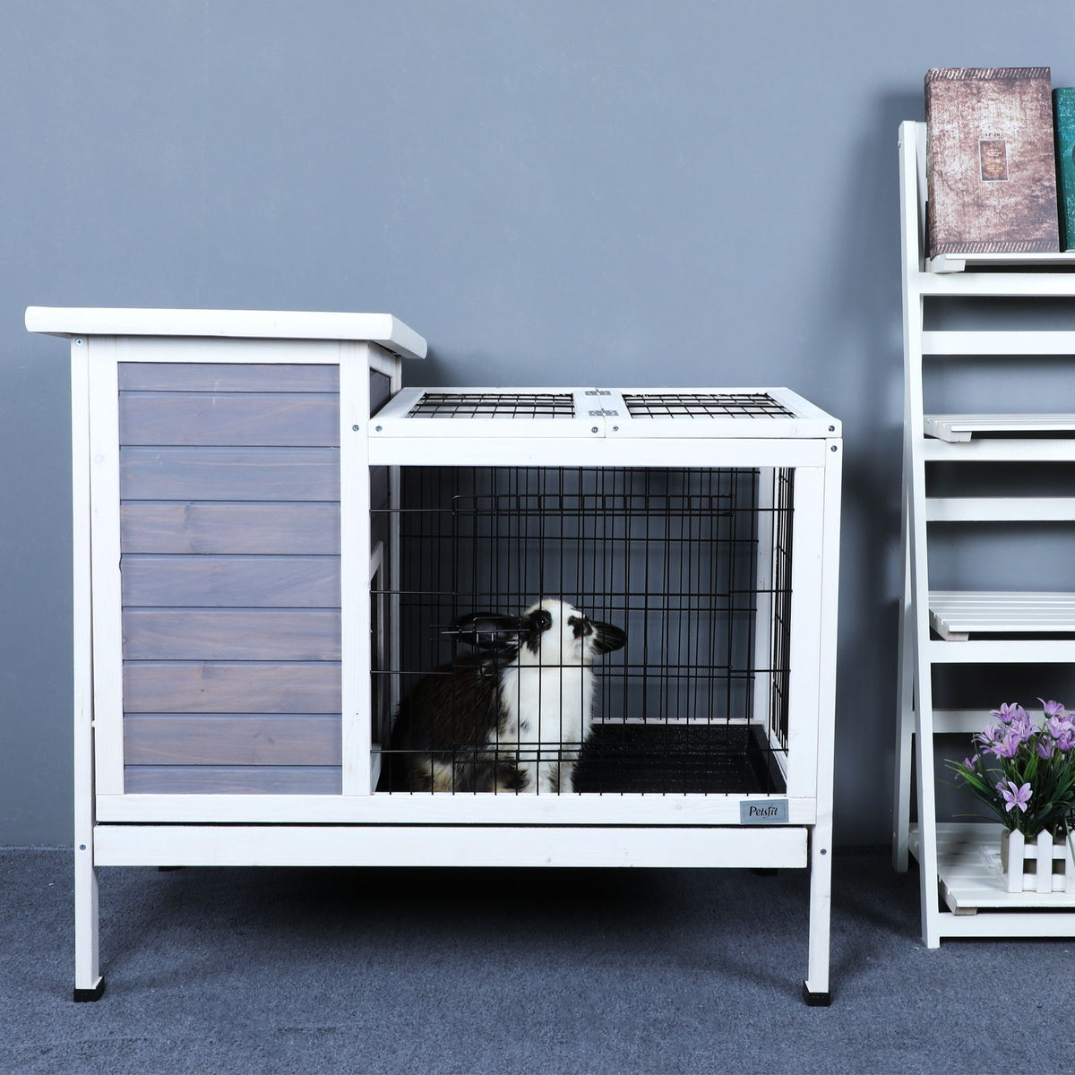 Two Tier Wooden Rabbit Cage with Leak-Proof Plastic Tray – Dark Gray or Red