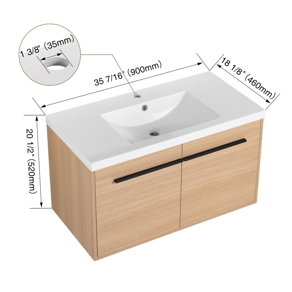 Bathroom Vanity Set with Resin Countertop Sink and 2 Doors - Light Brown Oak