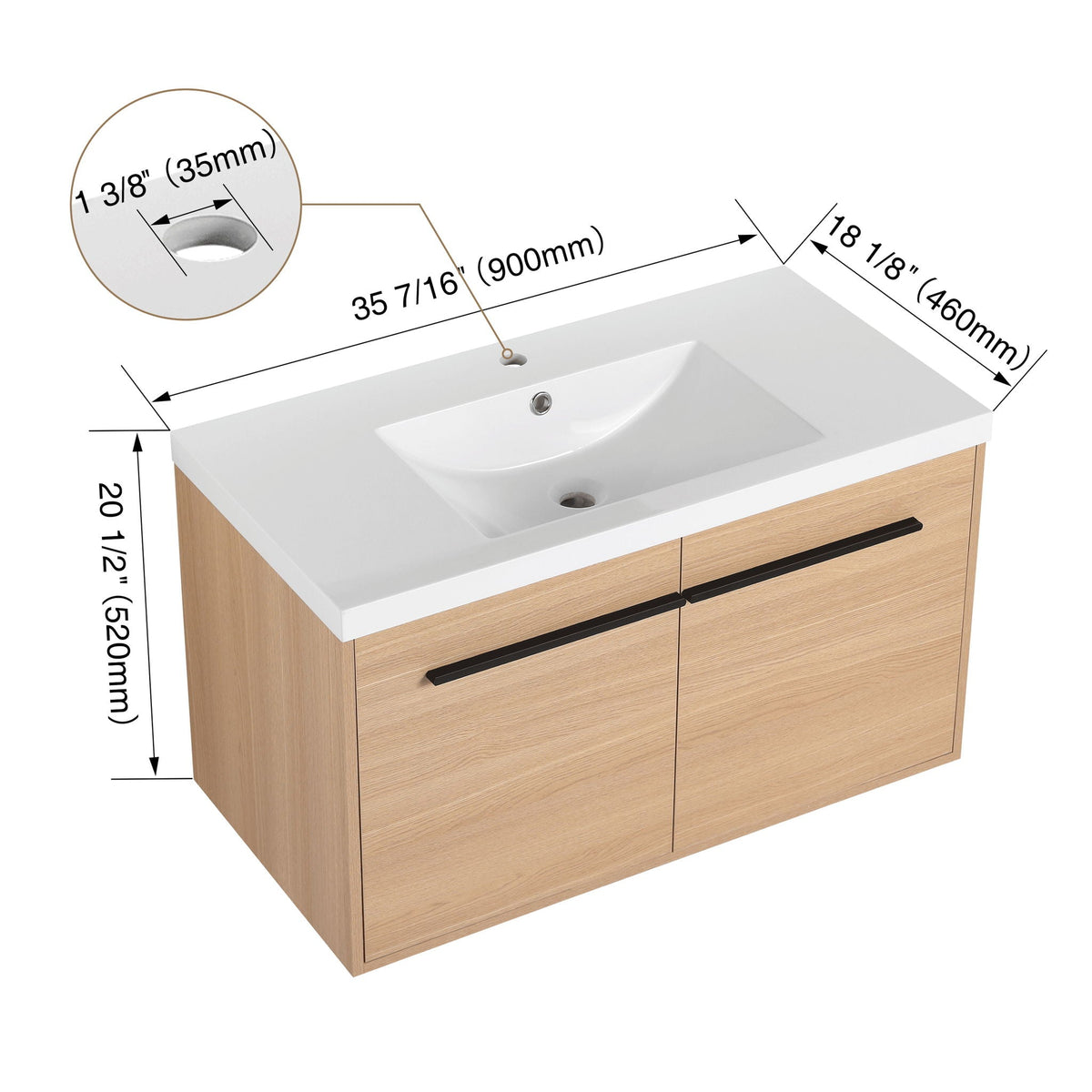 Bathroom Vanity Set with Resin Countertop Sink and 2 Doors - Light Brown Oak
