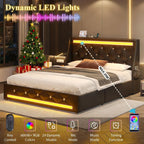 Wingback Upholstered Bed Frame with LED Lights and Charging Station - Black or White