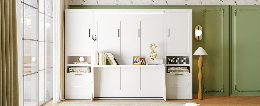 Queen Size Murphy Bed with Closet, Drawers and Shelves - White