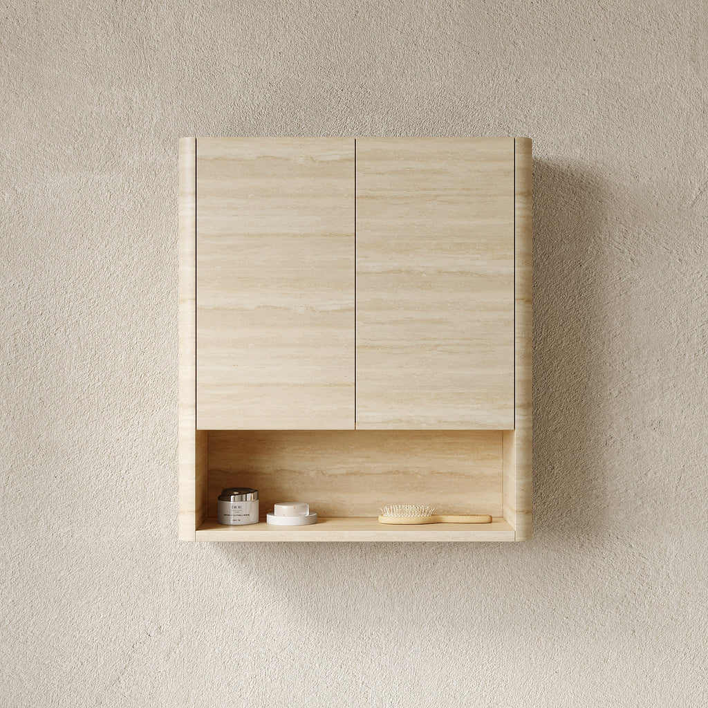 Wall-Mounted Bathroom Cabinet with Soft-Closing Doors and Shelf - Roma Travertine
