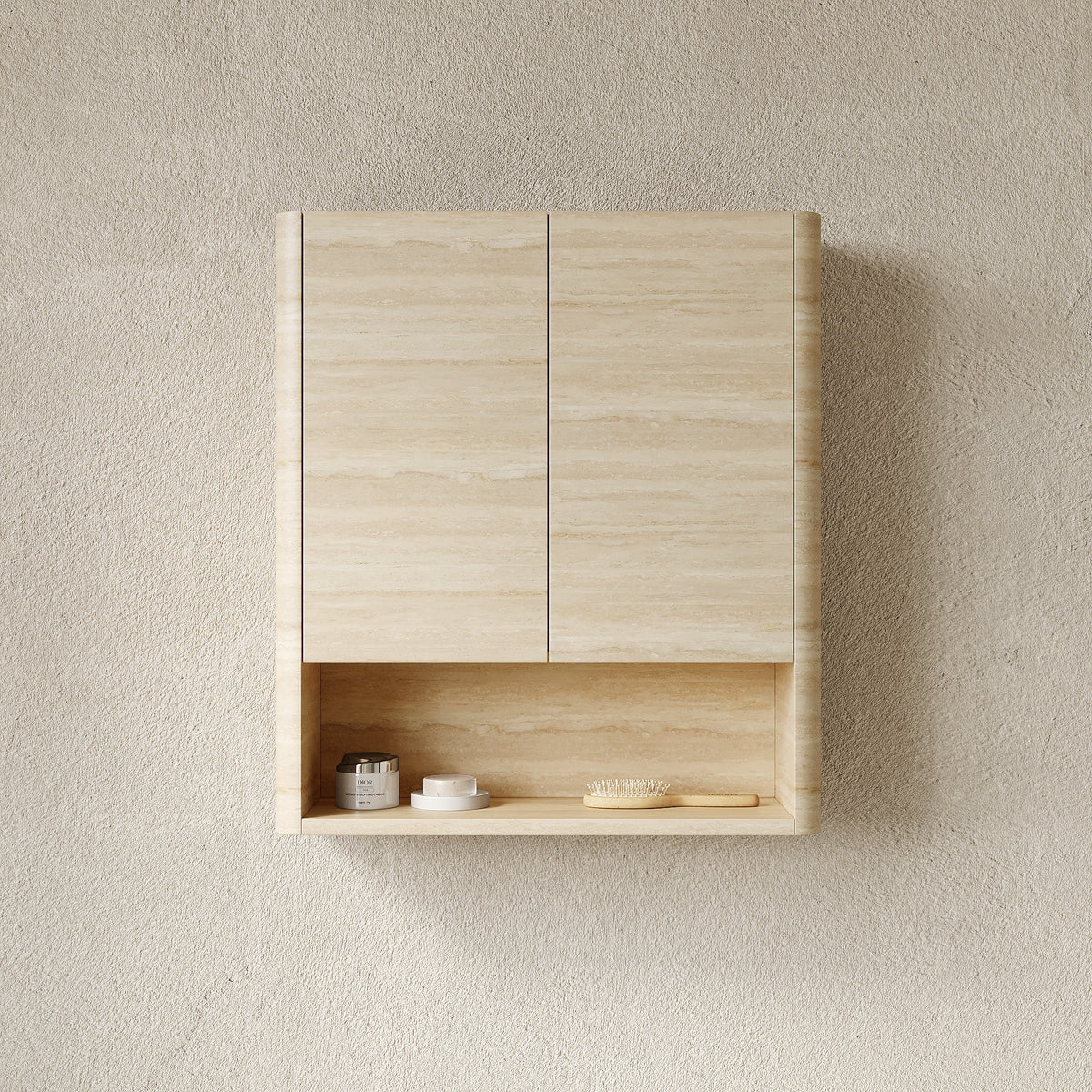 Wall-Mounted Bathroom Cabinet with Soft-Closing Doors and Shelf - Roma Travertine