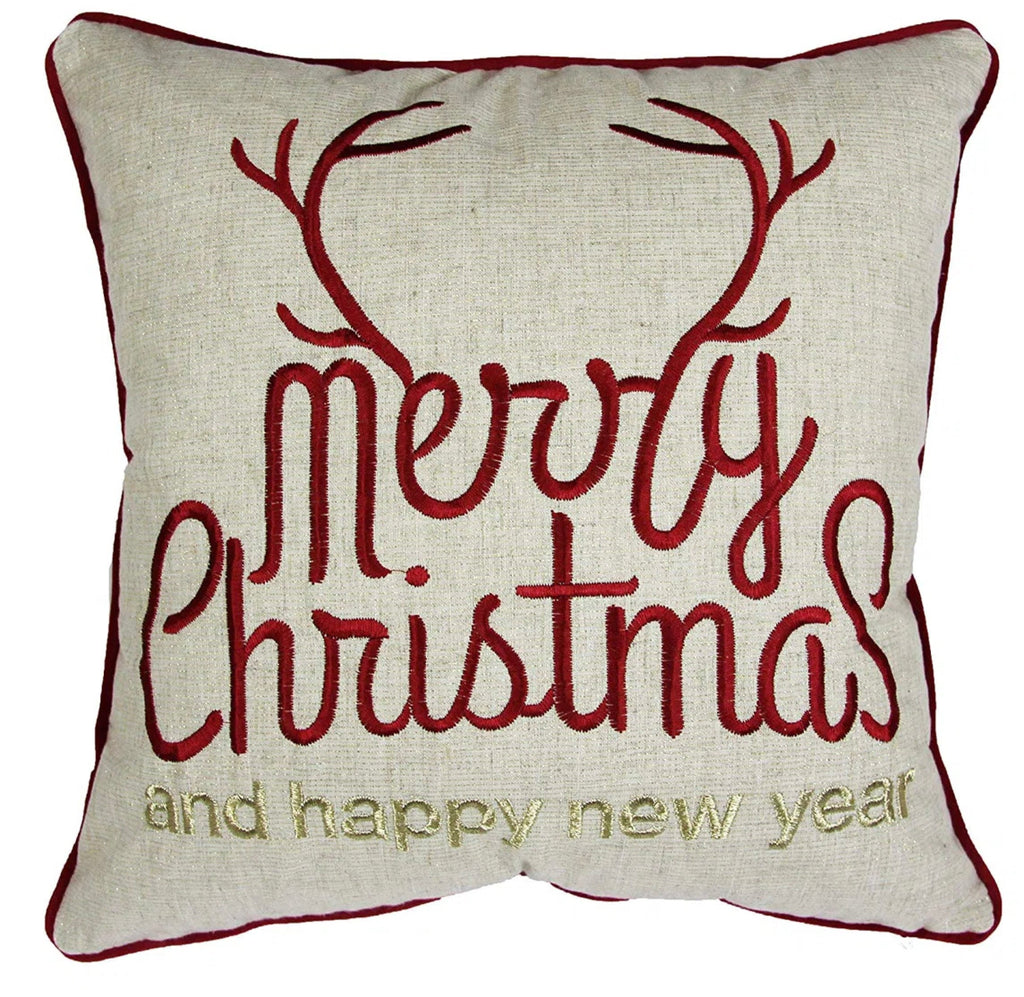 Christmas Throw Pillow with Embroidered Holiday Message - Red and Gold