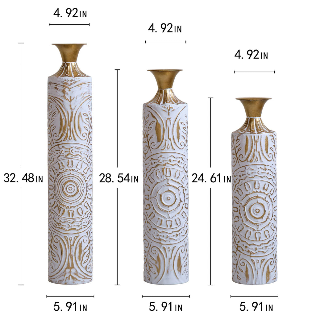 White / Gold Metal Floor Vases Set of 3 with Durable Modern Design