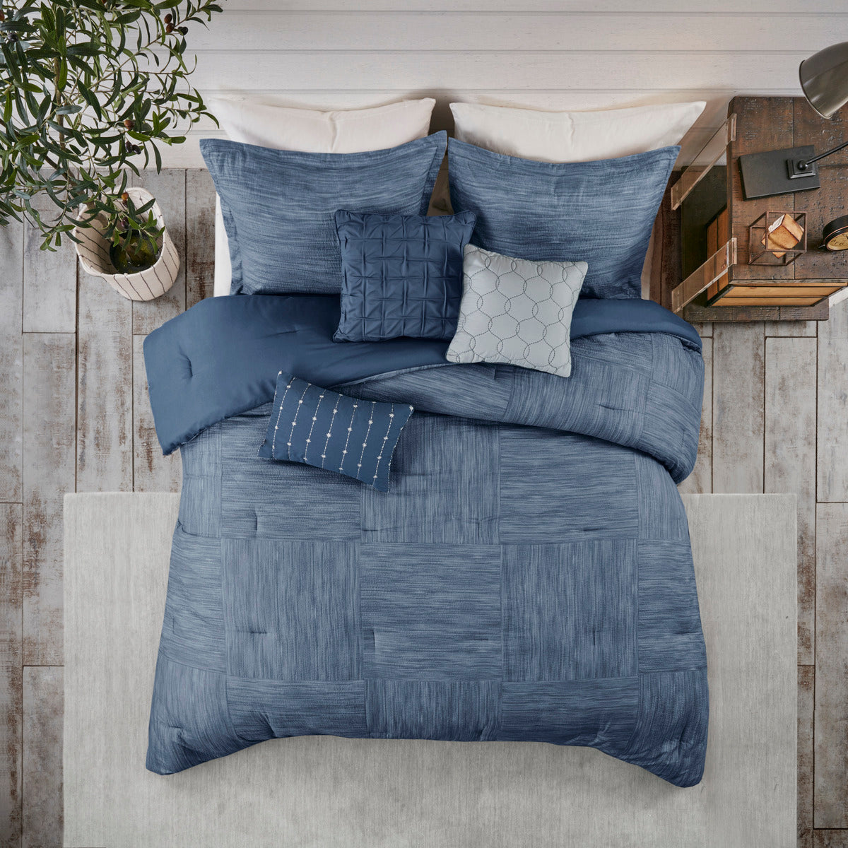 7 Piece Printed Seersucker Comforter Set with Hypoallergenic Fill - Navy