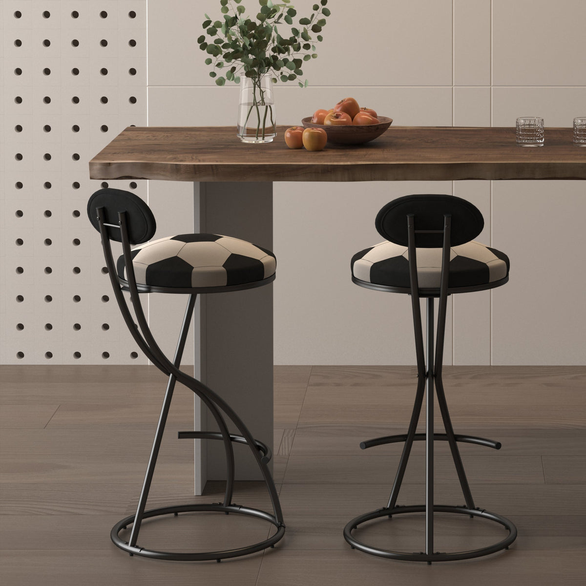 Upholstered S-shaped Barstools Set of 2 with Velvet Football Print - Black