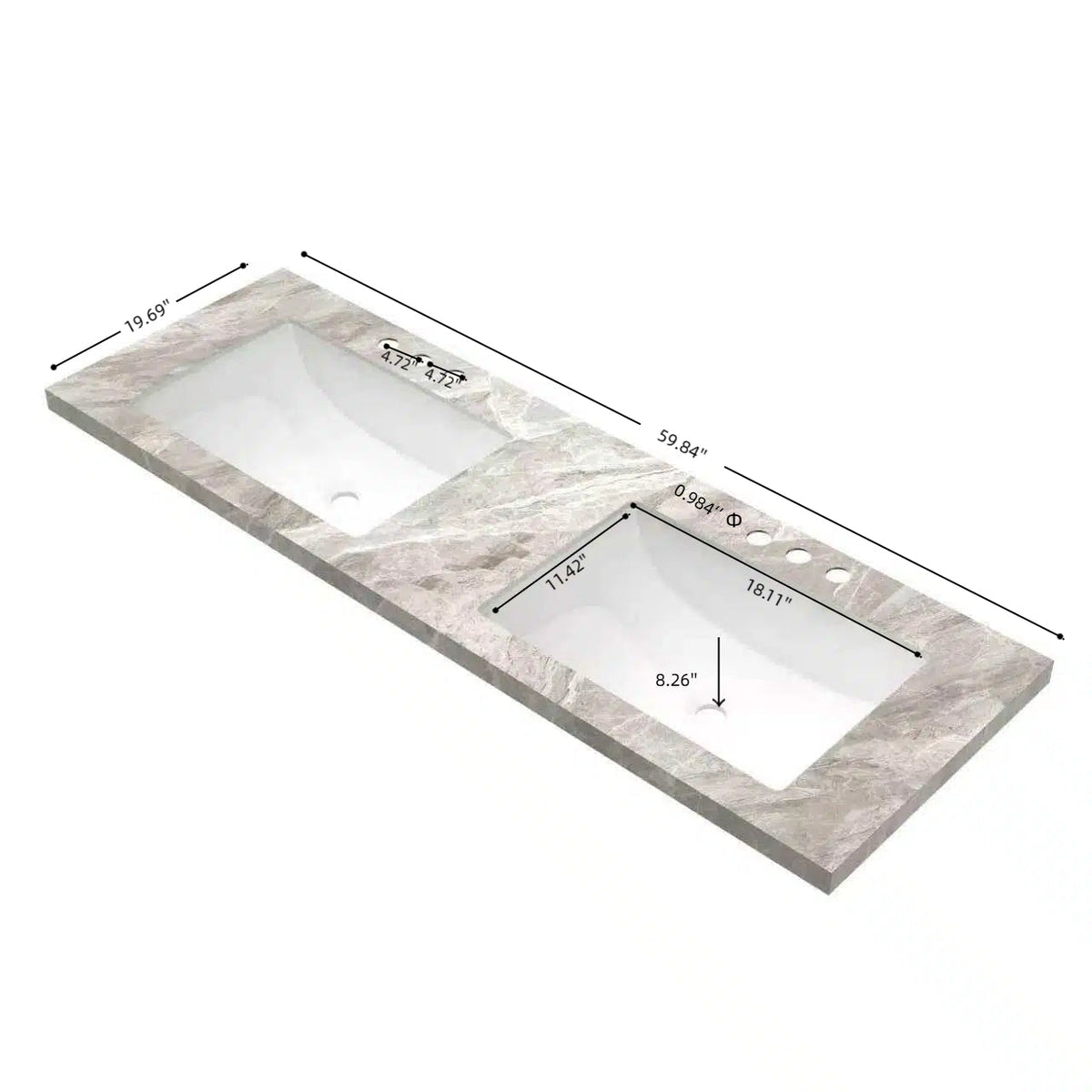 60" Elio Bathroom Undermount Ceramic Sink Vanity Top with Curved Edge - Light Gray