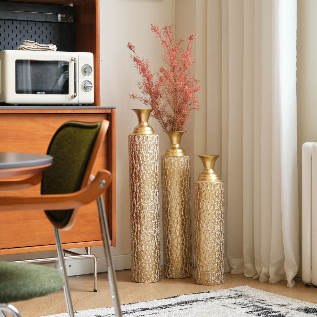 Gold Metal Floor Vases Set with Vine Pattern – Set of 3