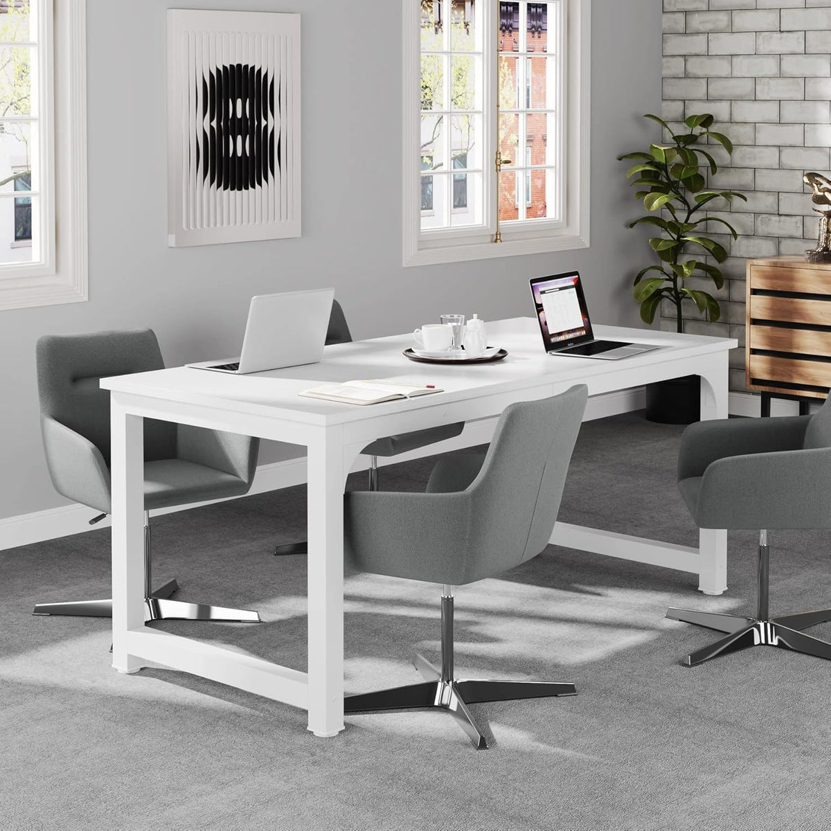 Large Executive Desk with Thick Frame - White