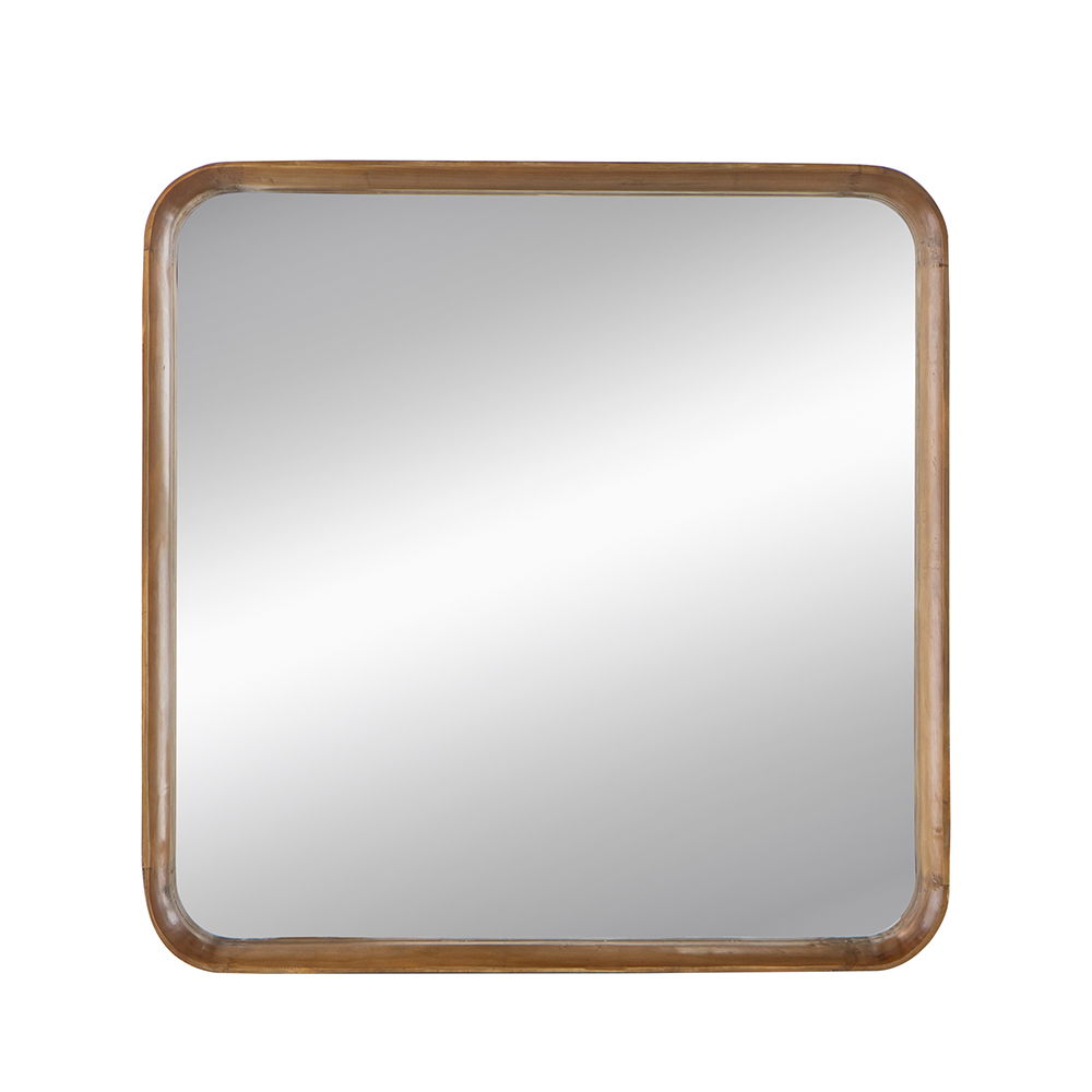 Square Mirror with Wood Frame, Minimalist Wall Mirror with Curved Edges - Brown