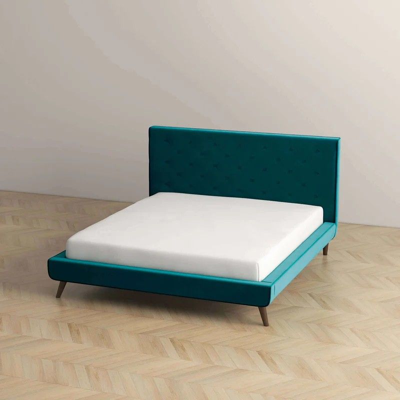 Light Blue Queen Platform Bed with Button Tufted Headboard