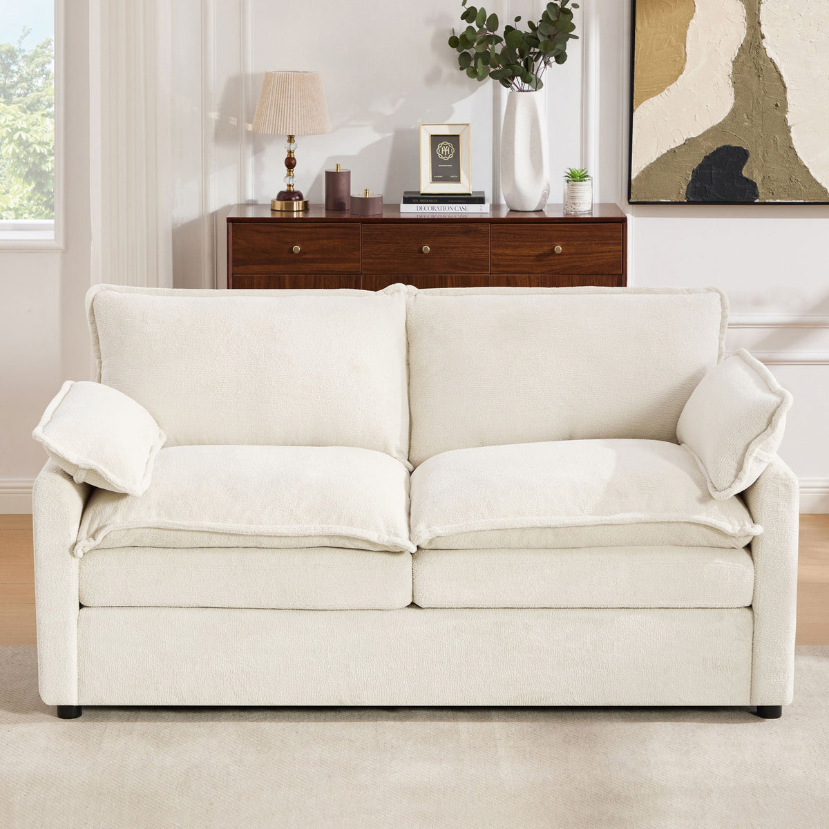 Modern Loveseat Sofa with Side Storage Pockets - Green, Beige, or Dark Gray
