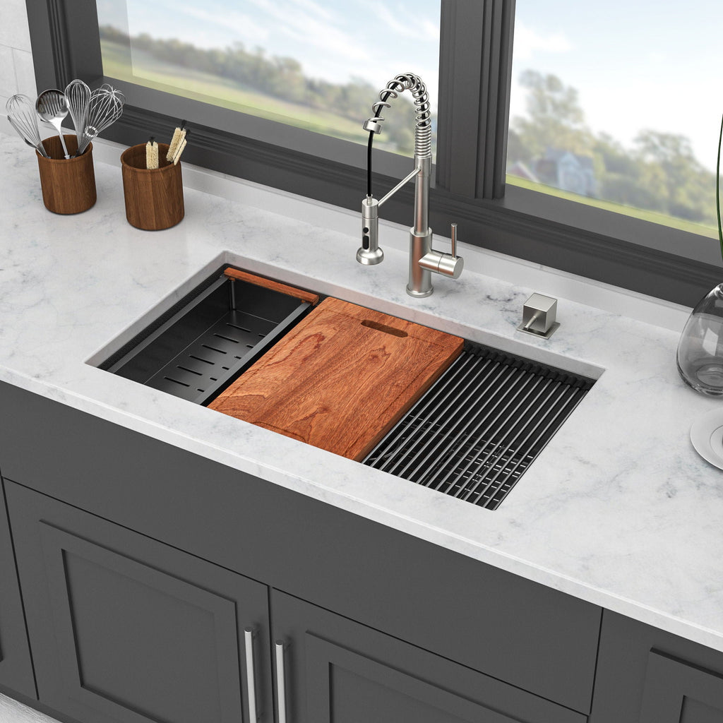 Gunmetal Black Workstation Kitchen Sink with Multifunction Ledge - 33" Undermount
