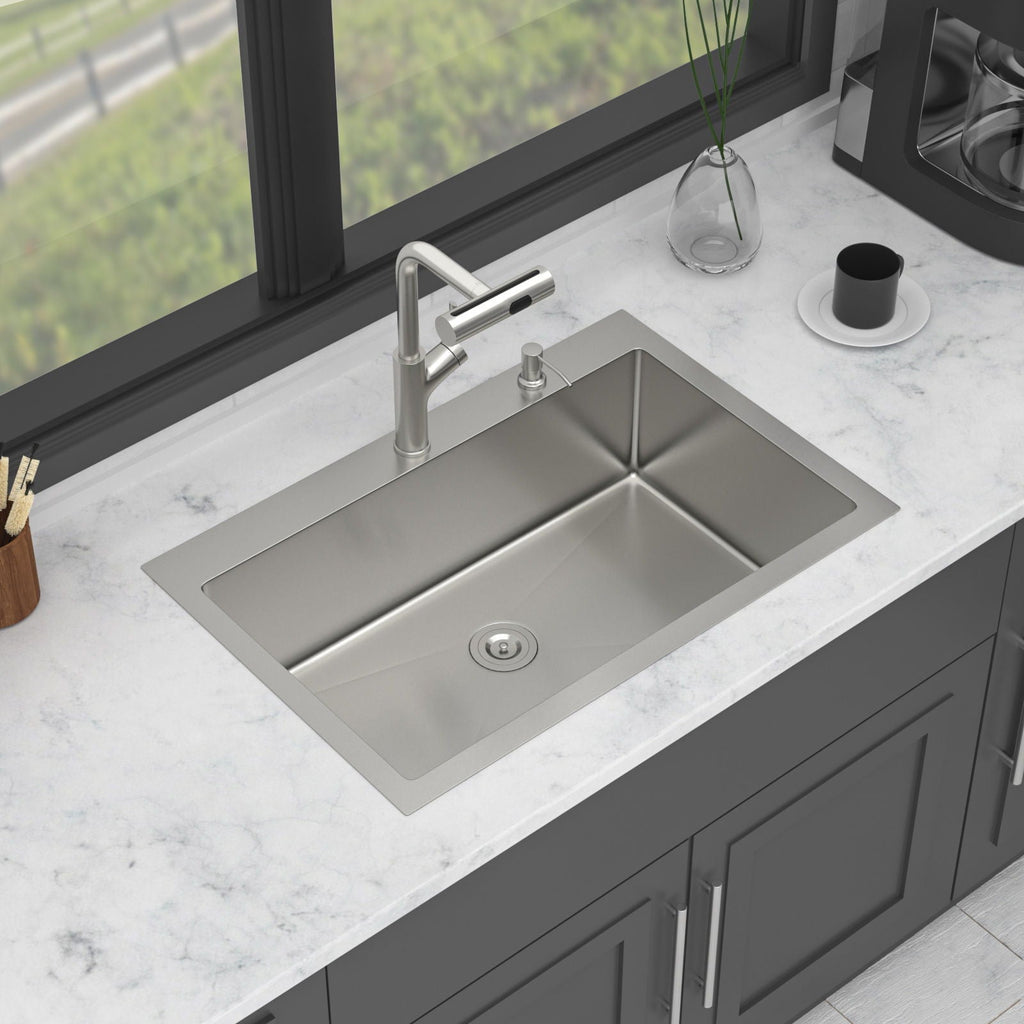 Brushed Nickel Drop-In Kitchen Sink with Pull-Out Faucet and Soap Dispenser - Gray