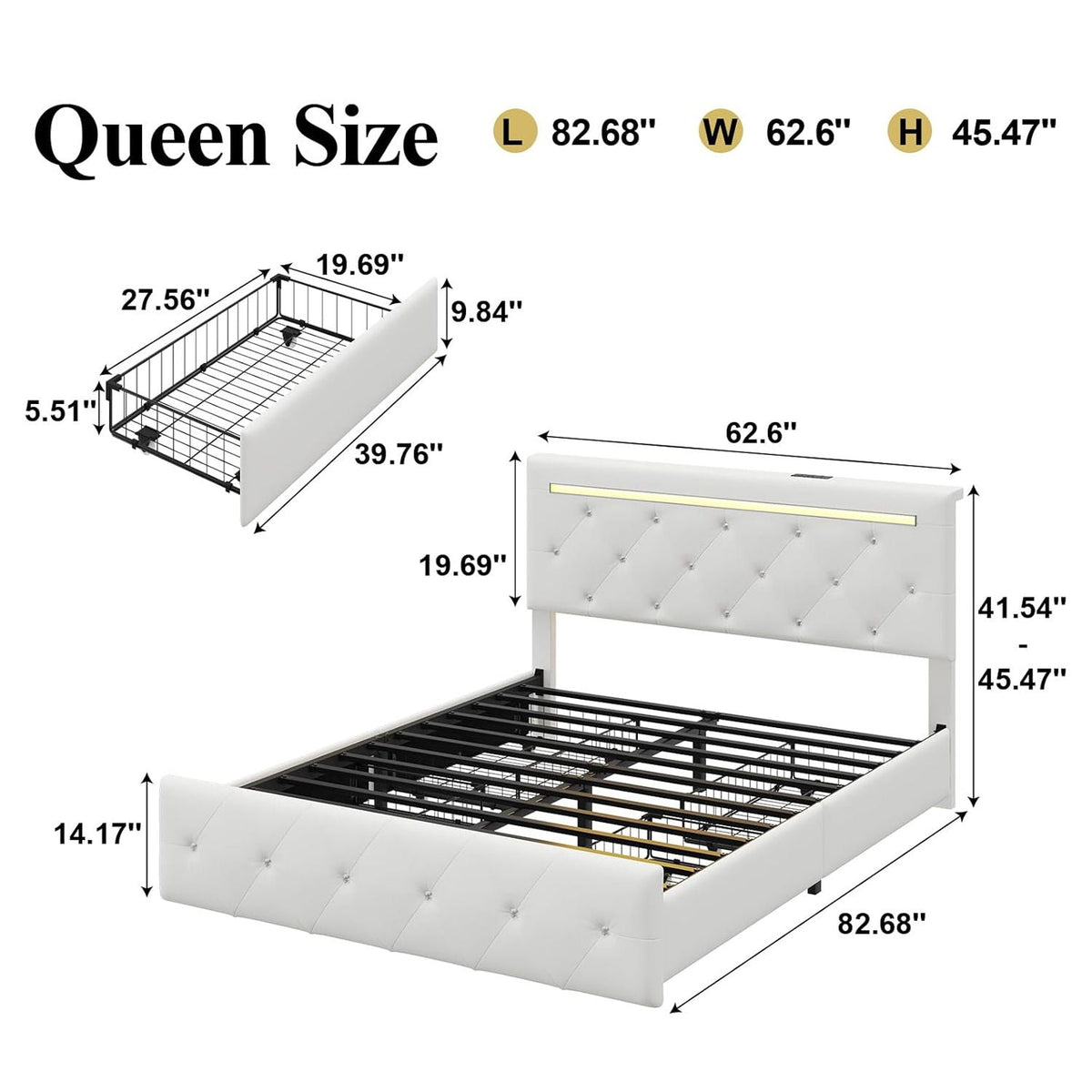 Upholstered Storage Bed Frame with LED Lights and Drawers – White or Black
