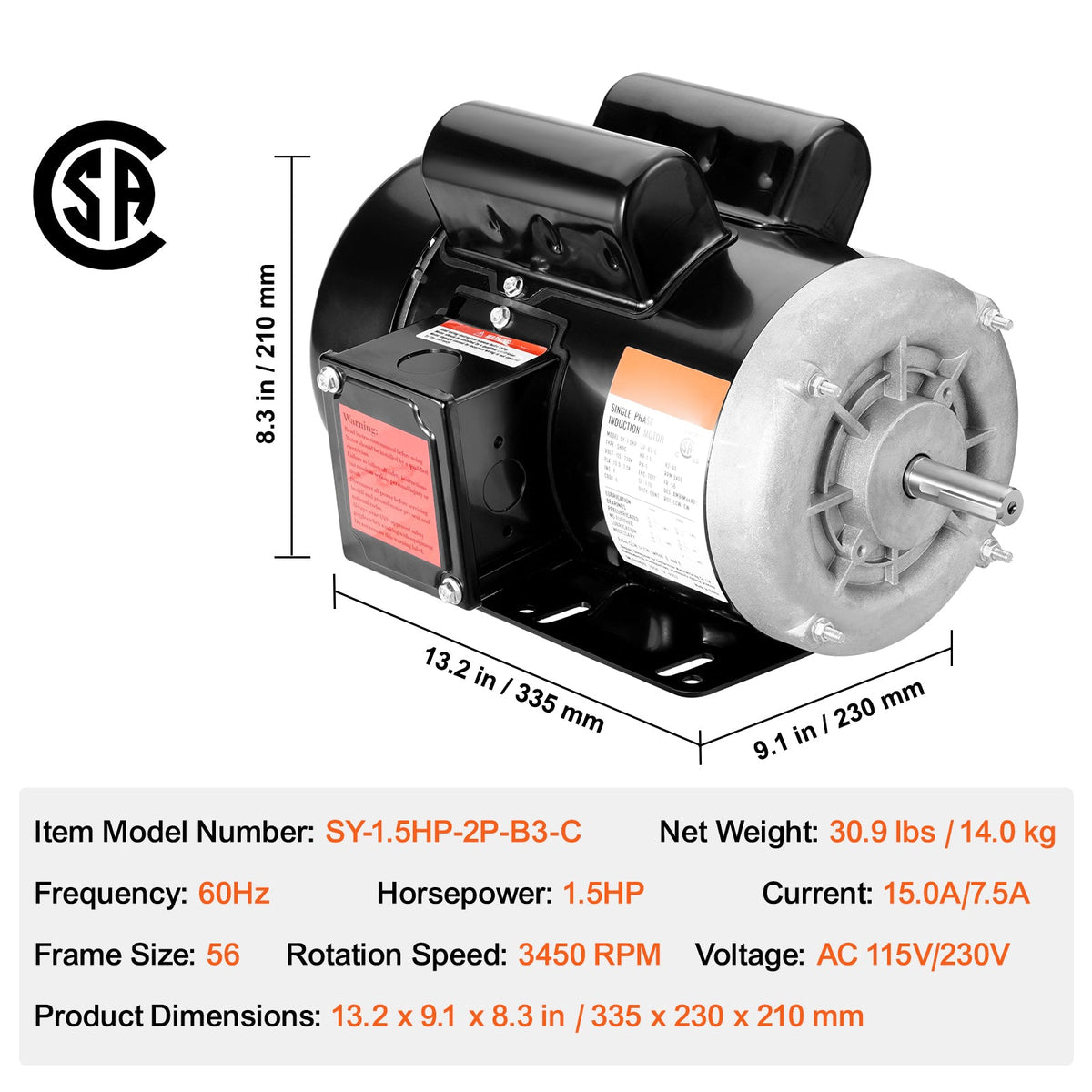 1.5HP Electric Motor with 3450 RPM and Reversible Rotation - Black