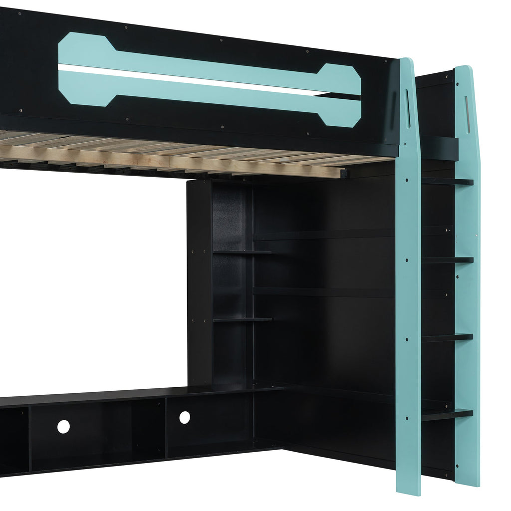 Full Size Wood Loft Bed with Desk and RGB Light - Cloud
