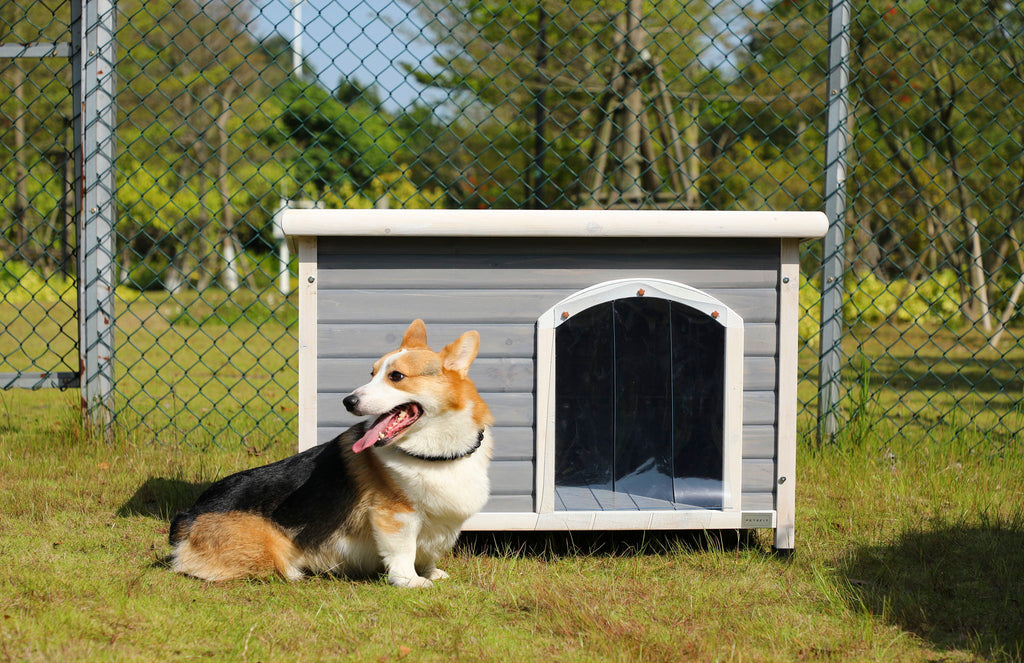 Medium Wooden Outdoor Dog House with Waterproof Roof and Elevated Floor - Dark Gray or Dark Red