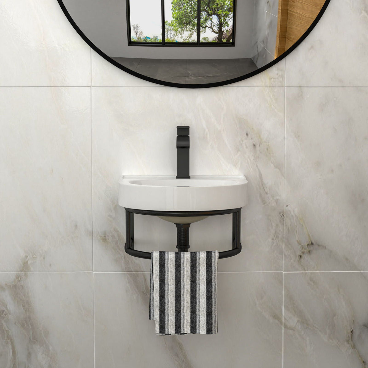 Wall Mounted Bathroom Sink with Towel Bar and Faucet - White / Black