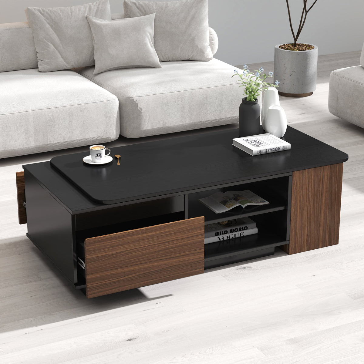 Extendable Coffee Table with Storage Drawers - Melamine Finish