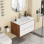 32-Inch Wall-Mounted Bathroom Vanity with Ceramic Sink Combo - Walnut/White