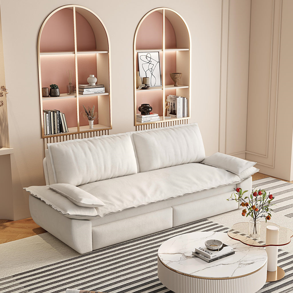 3-in-1 Convertible Velvet Sofa Bed with Queen Pull Out Sleeper - Beige/White