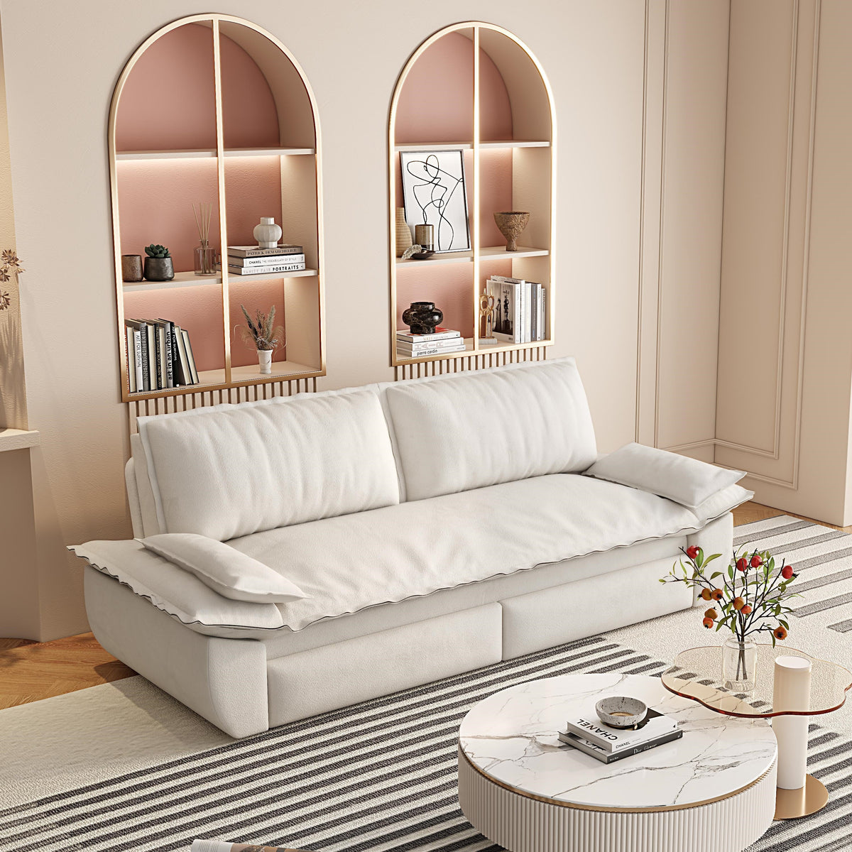 3-in-1 Convertible Velvet Sofa Bed with Queen Pull Out Sleeper - Beige/White
