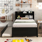 Twin Bed With Trundle and Bookcase Headboard - Wood Frame, Multiple Colors