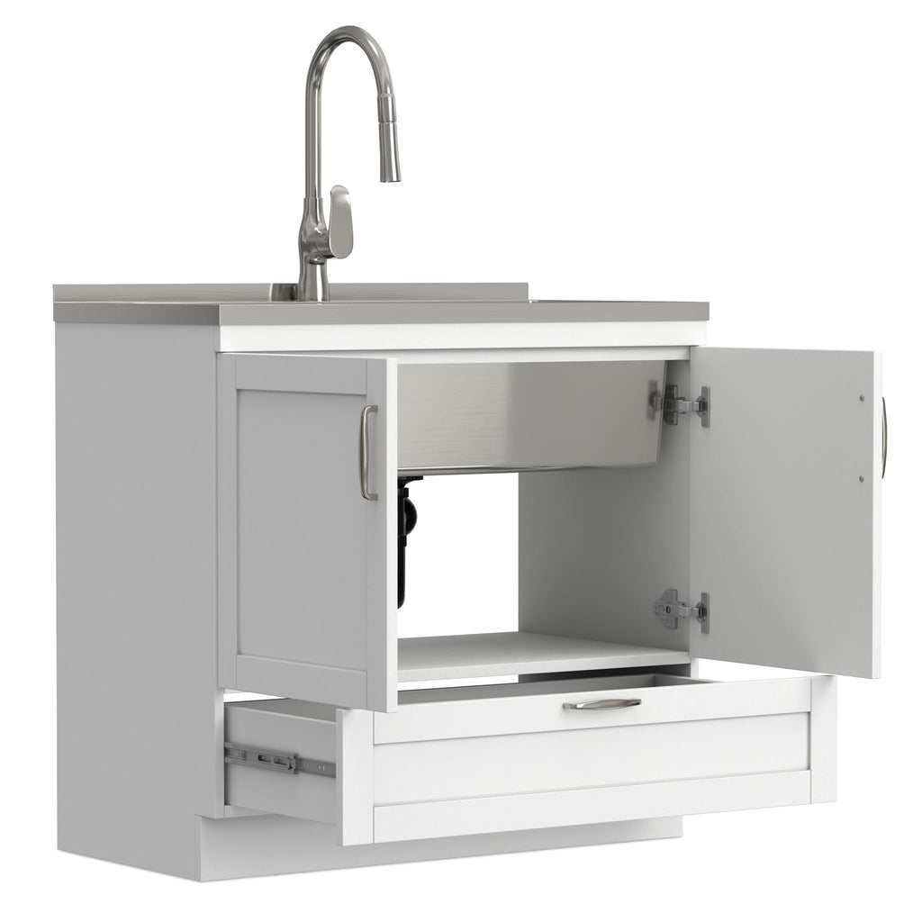 Deluxe Laundry Cabinet with Pull-Out Faucet and Stainless Steel Sink - White