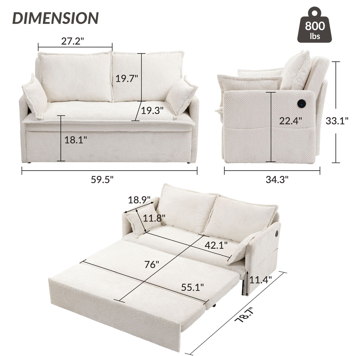 Convertible Sleeper Sofa Bed with Storage and USB/C Charging - Fabric