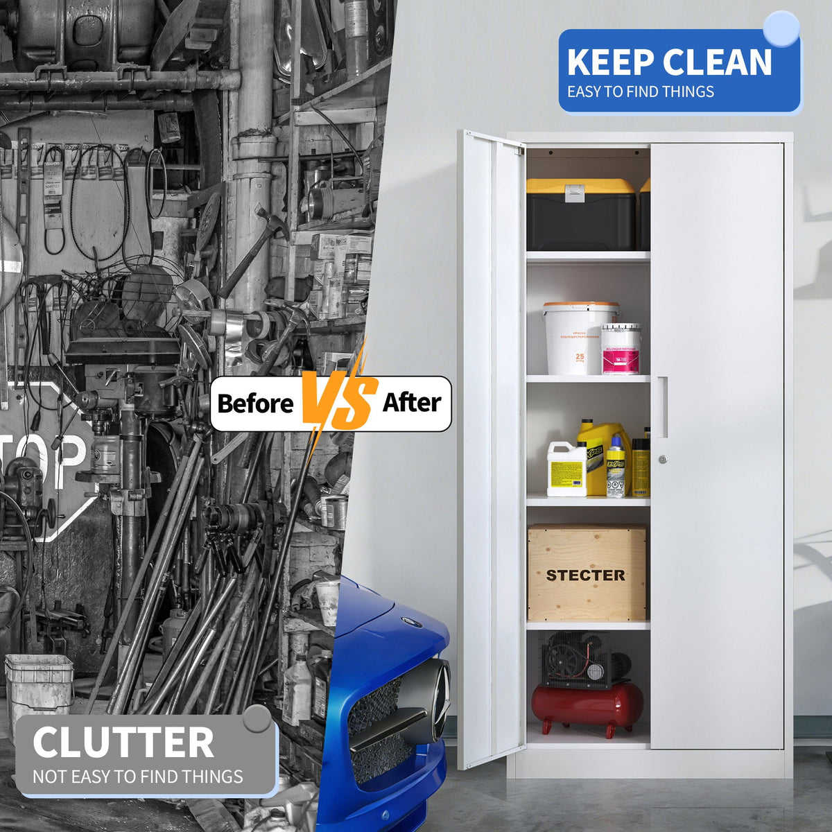 Steel Garage Storage Cabinet with Adjustable Shelves and Lock – Black or White
