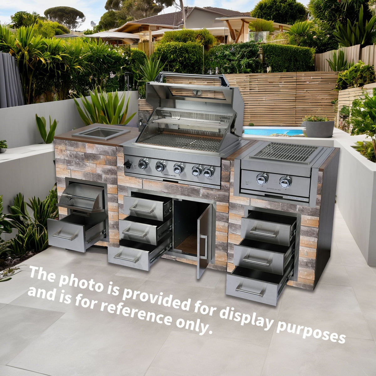 Built-In Outdoor Kitchen LPG Gas Grill with Ice Box and BBQ Tool Set - Silver