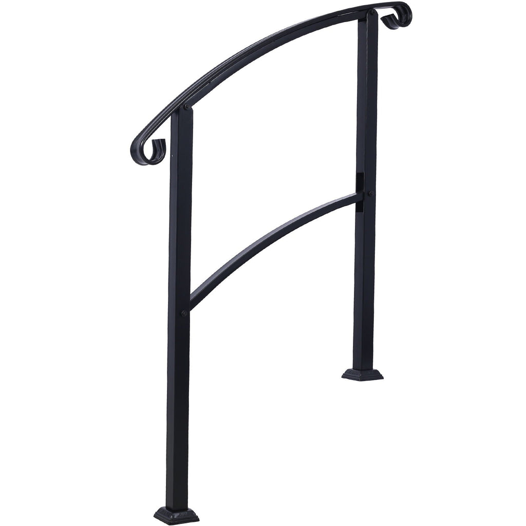 Black Wrought Iron Outdoor Step Handrail with Flexible Installation - Fits 1 to 3 Steps