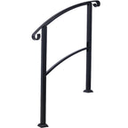 Black Wrought Iron Outdoor Step Handrail with Flexible Installation - Fits 1 to 3 Steps