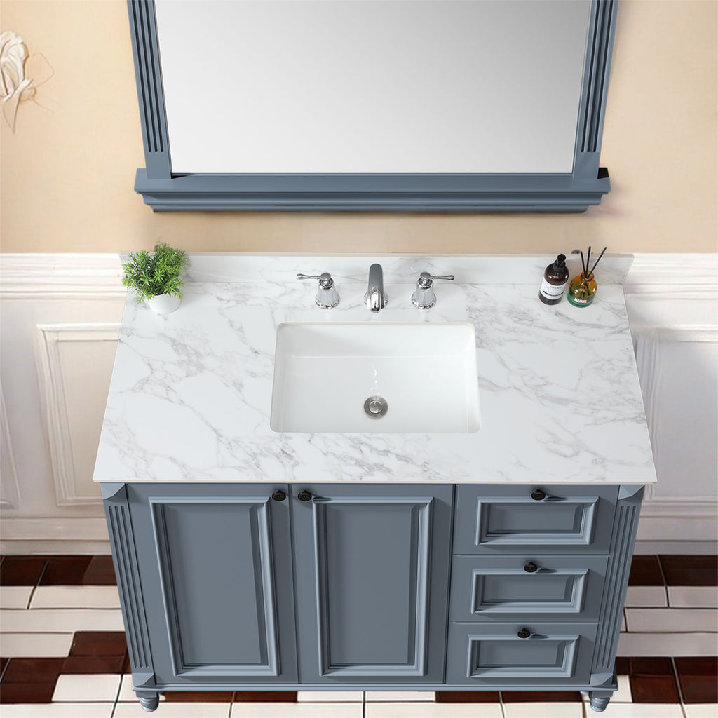Elegant Sintered Stone Bathroom Vanity Top with Rectangular Undermount Ceramic Sink - White