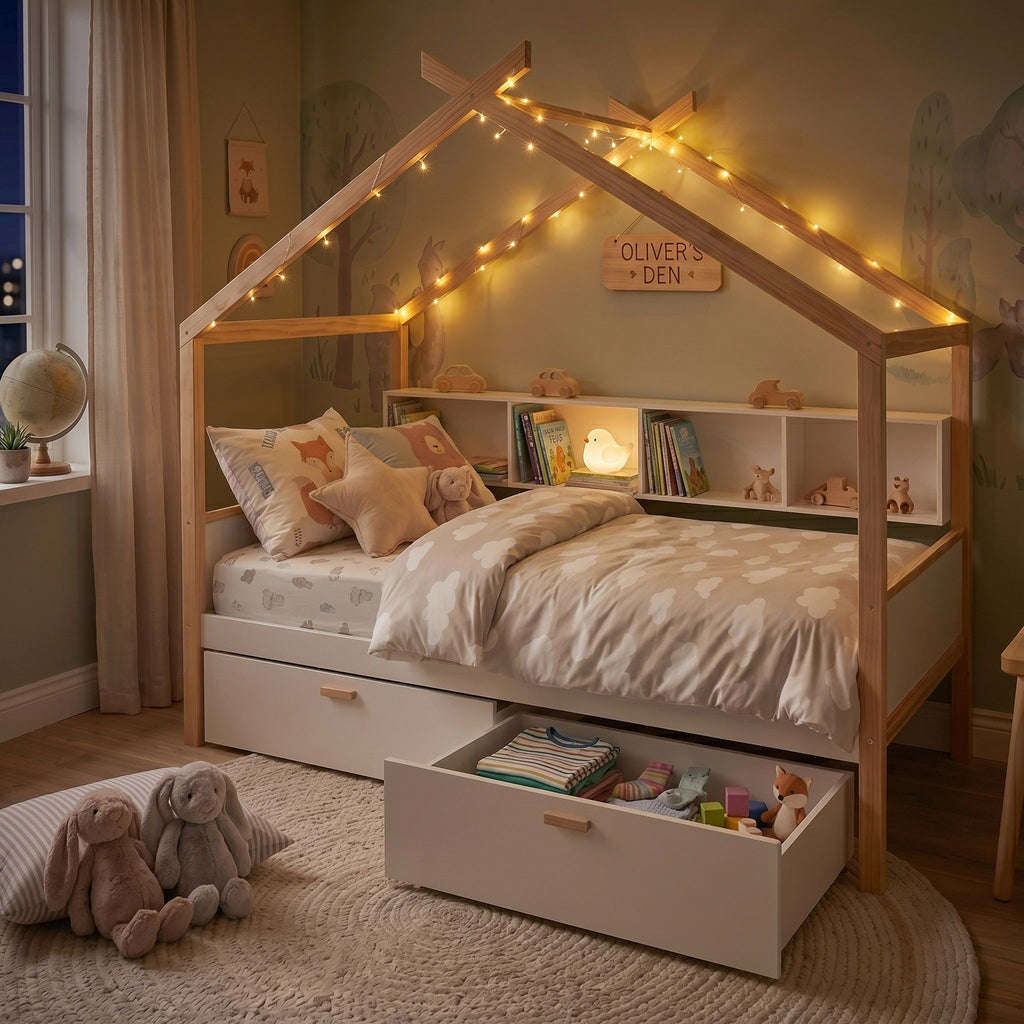 House Bed With Bookshelf Storage and Integrated Shelves - White