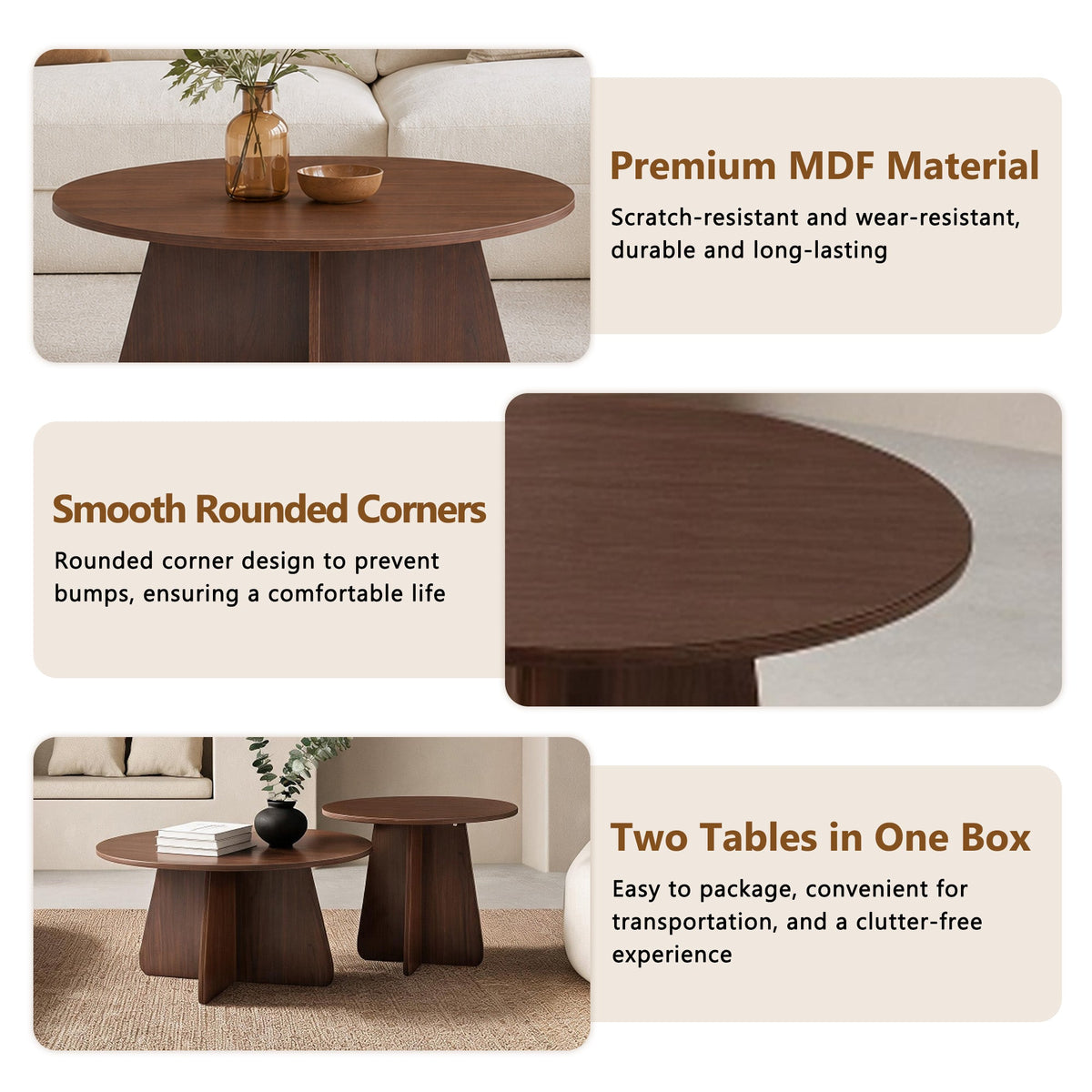 Retro-Style Nesting Coffee Table Set with Space-Saving Design - Walnut or Wood
