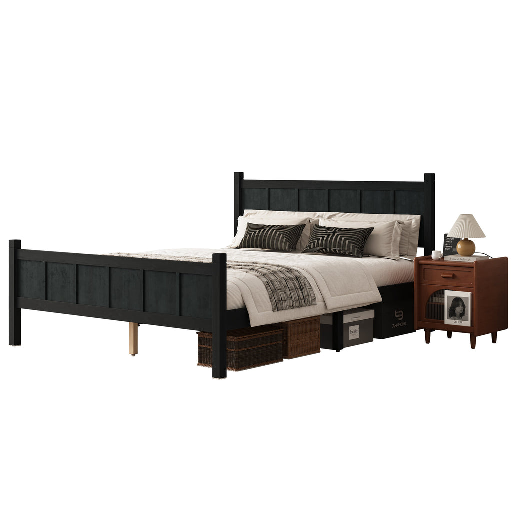 Queen Size Flat Panel Bed with Headboard & Footboard - Wood Finish