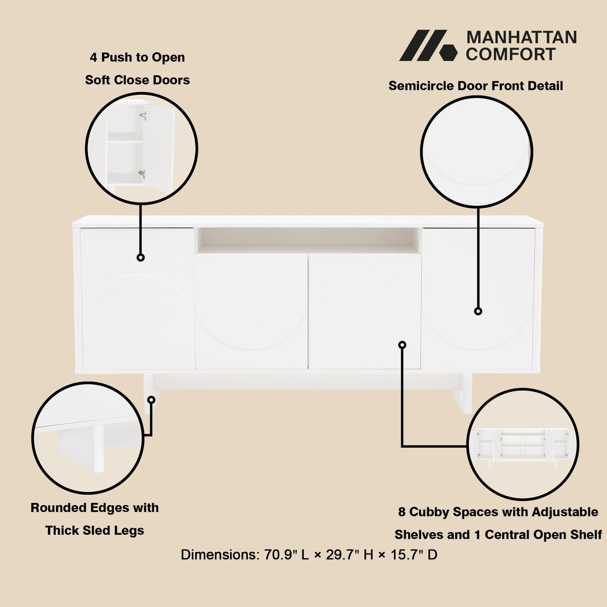 Sideboard With Adjustable Shelves and Soft Close Doors - White, Light Brown, Green