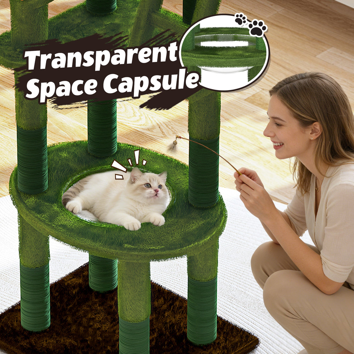 72in Cactus Cat Tree Tower with Transparent Capsule - Green