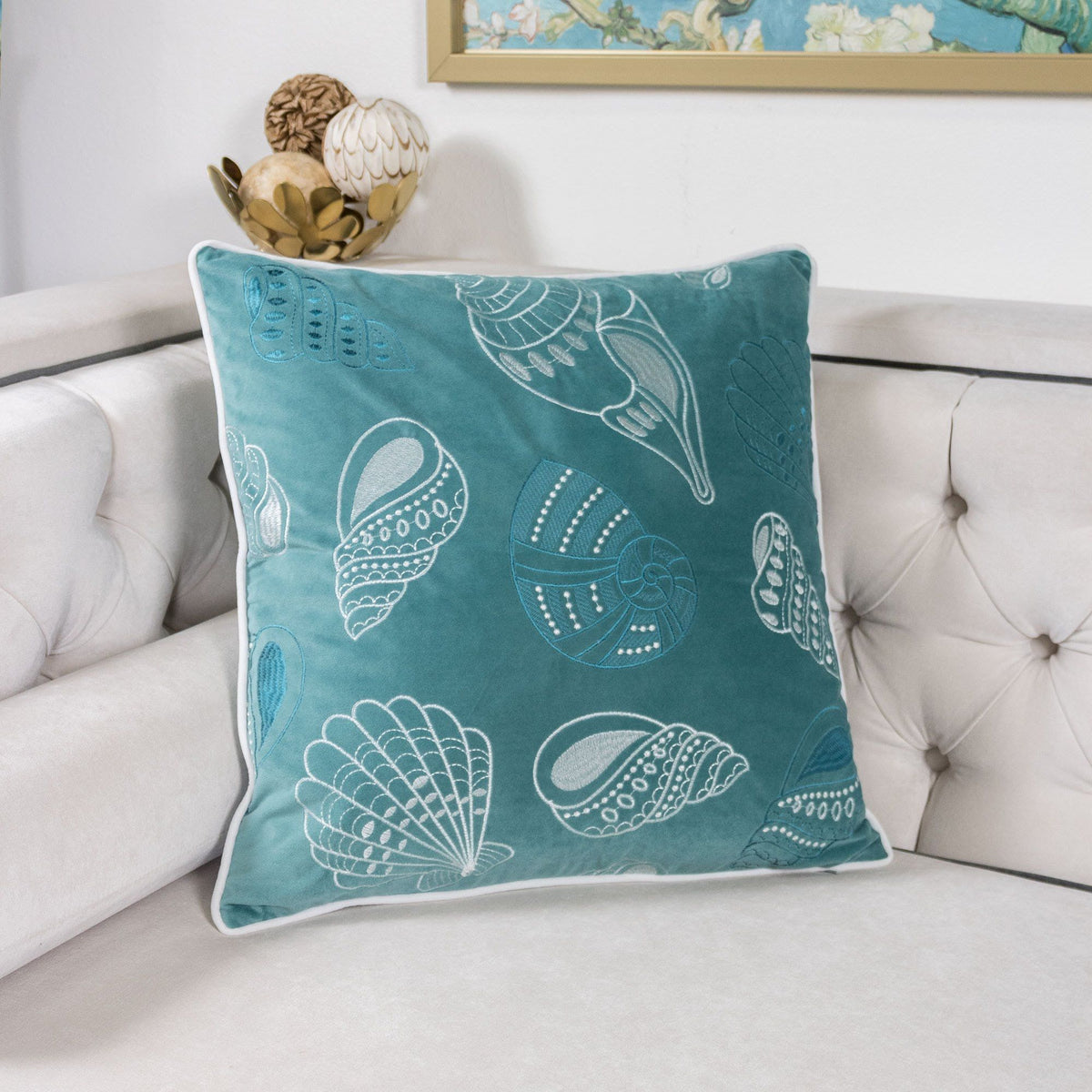 Seashells Pillow Cover with Hidden Zipper - Blue or Light Blue